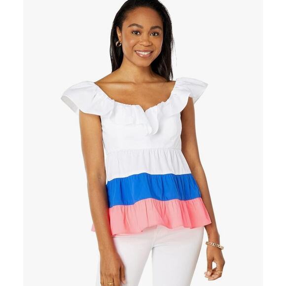 Lilly Pulitzer Emie Ruffle Top Size 0 White Pink Blue - Picture 1 of 6